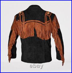 Men Black Suede Western Cowboy Jacket With Brown Fringes, Country Fashion