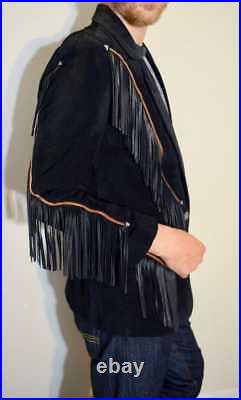 Men Black Suede Western Jacket Coat With Beads & Fringe NATIVE AMERICAN COAT