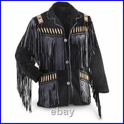 Men Black Western Style Suede Leather Jacket Handmade Cowboy Fringe Beads Coat