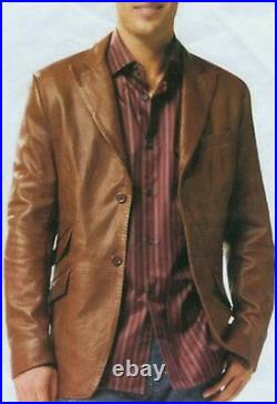 Men Brown Leather Blazer Genuine Soft Lambskin Coat Two Button Sport Coat