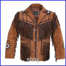 Men Brown Native American Western Cowboy Leather Jacket Suede Fringe & Beaded