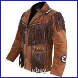 Men Brown Native American Western Cowboy Leather Jacket Suede Fringe & Beaded