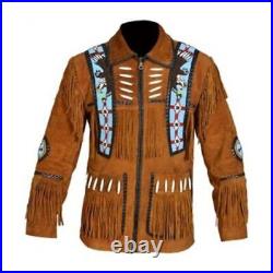 Men Brown Native American Western Cowboy Leather Suede Jacket Fringes Beads- Zip