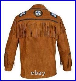 Men Brown Native American Western Cowboy Leather Suede Jacket Fringes Beads- Zip