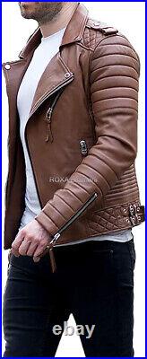 Men Brown Quilted Design Genuine Sheepskin 100% Leather Jacket Fashion Coat