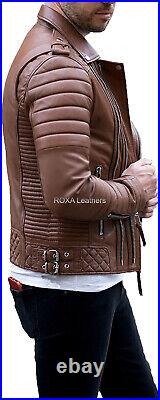 Men Brown Quilted Design Genuine Sheepskin 100% Leather Jacket Fashion Coat