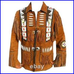 Men Brown Suede Leather Fringe Western Beaded Native American Style Jacket, Coat