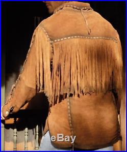 Men Brown Suede Western Cowboy Leather Jacket With Fringe