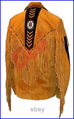 Men Brown Suede Western Jacket Coat With Beads & Fringe NATIVE AMERICAN COAT