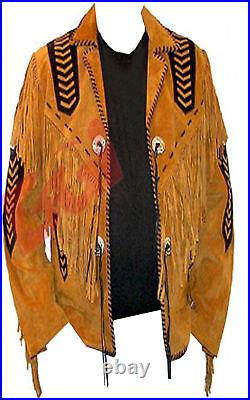 Men Brown Suede Western Jacket Coat With Beads & Fringe NATIVE AMERICAN COAT