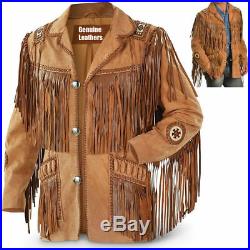 Men Brown Suede Western Style Cowboy Leather Jacket With Fringe & Bread Work