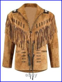 Men Brown Suede Western Style Cowboy Leather Jacket With Fringes and Beads