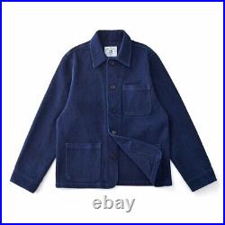 Men Casual Coats Vintage French Workwear Indigo Jackets Lapel Multi-Pocket Slim