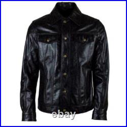 Men Casual Western Shirt Style Denim Fitted Leather Jean Jacket Black Coat