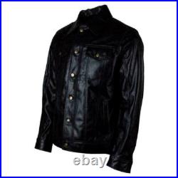 Men Casual Western Shirt Style Denim Fitted Leather Jean Jacket Black Coat