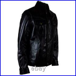 Men Casual Western Shirt Style Denim Fitted Leather Jean Jacket Black Coat