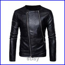 Men Collarless Genuine Lambskin Real Leather Jacket Zip Designer Basic Coat