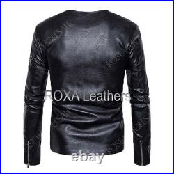 Men Collarless Genuine Lambskin Real Leather Jacket Zip Designer Basic Coat