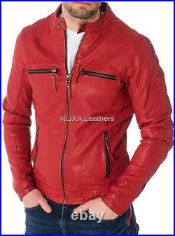 Men Cool Looking Genuine Sheepskin 100% Leather Jacket Red Fashionable Coat