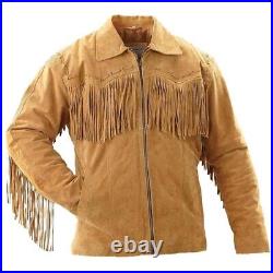 Men Cowboy Jacket Western Wear Unique Tan Suede Fringe Native American Coat New