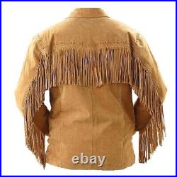 Men Cowboy Jacket Western Wear Unique Tan Suede Fringe Native American Coat New