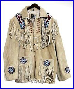 Men Cowboy Native American Buckskin Real Suede Leather Fringes Rhinestone Jacket