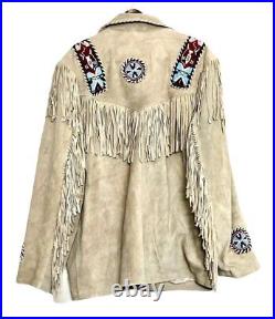 Men Cowboy Native American Buckskin Real Suede Leather Fringes Rhinestone Jacket