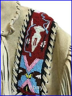 Men Cowboy Native American Buckskin Real Suede Leather Fringes Rhinestone Jacket