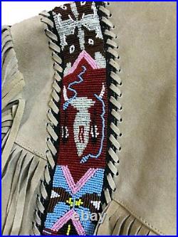 Men Cowboy Native American Buckskin Real Suede Leather Fringes Rhinestone Jacket