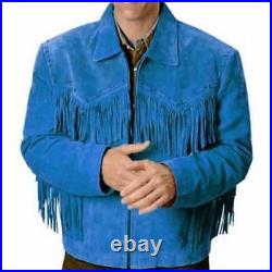 Men Cowboy Native American Fringe Suede Leather Jacket Western Wear Blue