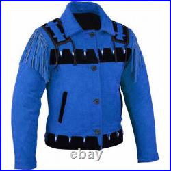 Men Cowboy Suede Leather Jacket Western Coat With Fringes And Beads Blue
