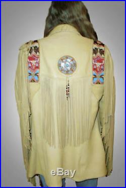 Men Cowhide Leather Jacket Native American Fringes Bead Work Western Wear-1980's