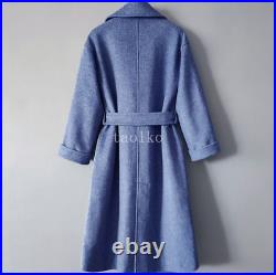 Men Double Breasted Over Knee Length Wool Blend Long Trench Coat Overcoat Jacket