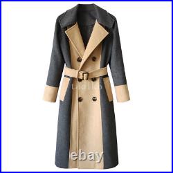 Men Double Breasted Wool Blend Knee Length Long Trench Coat Color Block Overcoat