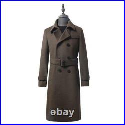 Men Double Breasted Wool Jacket Outwear Mid Length Trench Coat Business S-10XL L