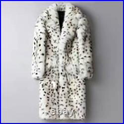 Men Faux Fox Fur Lapel Collar Leopard Printed Long Coat Parka Overcoat Jacket sz