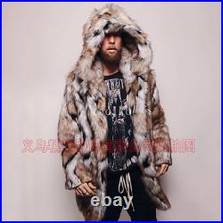 Men Faux Fox Fur Mid Long Trench Coat Hooded Parka Winter Overcoat Color Block M
