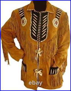 Men Fringe Style Beige Traditional Western Coat Jacket Native American Style