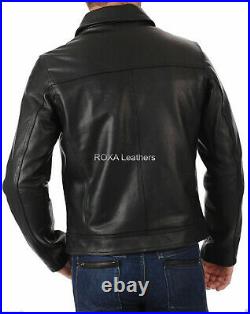 Men Genuine Cowhide 100% Leather Jacket Motorcycle Biker Cow Black Coat Collared