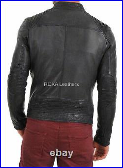 Men Genuine Cowhide 100% Leather Jacket Motorcycle Biker Slim Fit Cow Black Coat