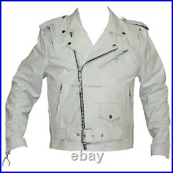 Men Genuine Cowhide 100% Leather Jacket Motorcycle Stylish Belted Cow White Coat