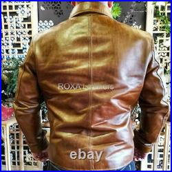 Men Genuine Cowhide Pure Leather Jacket Motorcycle Biker Casual Wear Brown Coat