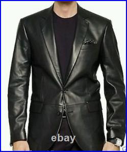 Men Genuine Lambskin 100% Leather Blazer Coat Soft TWO BUTTON Black Jacket Coat