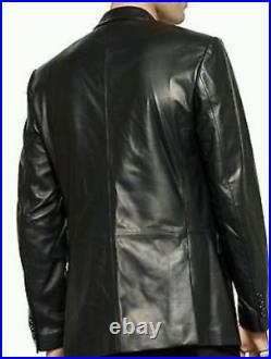 Men Genuine Lambskin 100% Leather Blazer Coat Soft TWO BUTTON Black Jacket Coat