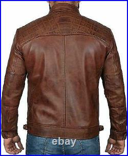 Men Genuine Lambskin Leather Distressed Western Vintage Biker Brown Coat Jacket