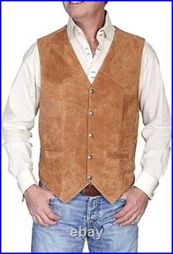 Men Genuine Lambskin Leather Waistcoat Western Vest Coat Jacket Brown