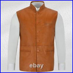 Men Genuine Tan Lambskin Leather Waistcoat Western Vest Coat Cowboy Jacket