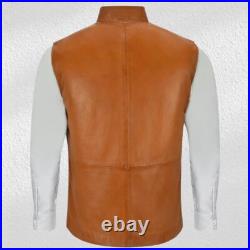 Men Genuine Tan Lambskin Leather Waistcoat Western Vest Coat Cowboy Jacket