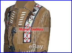 Men Handmade western cowboy jacket-men beads and bones fringe suede leather coat