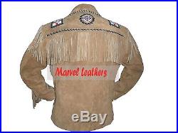 Men Handmade western cowboy jacket-men beads and bones fringe suede leather coat